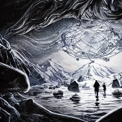 Image similar to epic masterpiece of creative and mysterious dream sequence of the prophet of Antarctica, gift of birth, origin mythos, astounding beauty, cinematic, establishing shot, extremely high detail, photorealistic, cinematic lighting, intricate line drawings, 8k resolution