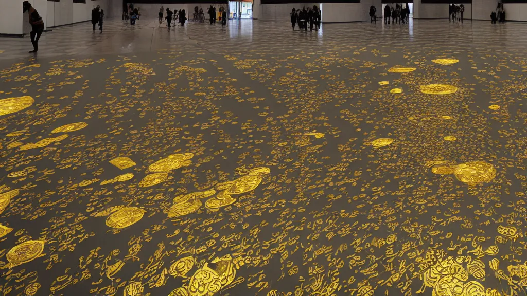 Prompt: a large artwork on the floor of my university, it\'s a kind of mural with gold objects and paint, very high detailed screen print by Kawase Hasui and dan hillier, 8k unreal engine