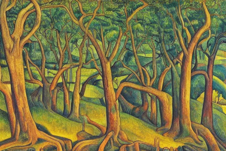 Image similar to masterpiece painting of oak trees on a hillside overlooking a creek, by diego rivera