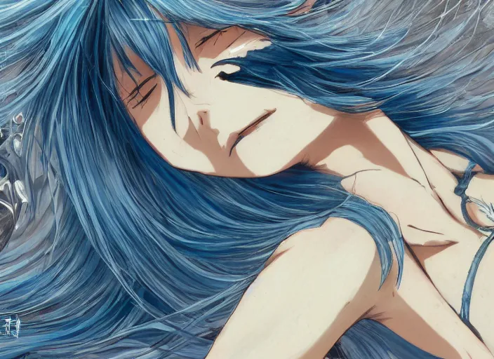 Prompt: a woman with blue hair laying on the ground with her head down, a detailed painting by rei kamoi, featured on pixiv, space art, official art, anime, toonami