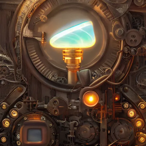 Image similar to cardboard camera, steampunk, extreme closeup, center frame, symmetric, rim light, bioluminescence, electric, soft, concept art, intricate details, highly detailed, colorful, photorealistic, disney pixar, octane render, iridescent, anime, 8 k