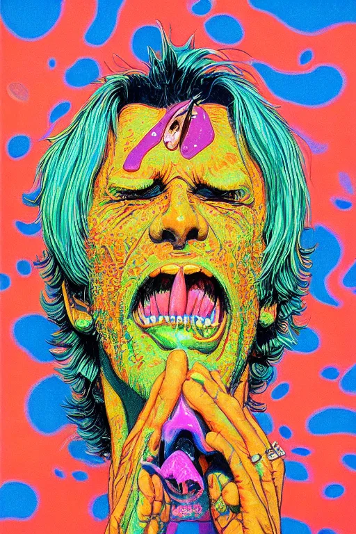 Prompt: a colorful vibrant closeup portrait of Aerosmith licking a tab of LSD acid on his tongue and dreaming psychedelic hallucinations, by kawase hasui, moebius, Edward Hopper and James Gilleard, Zdzislaw Beksinski, Steven Outram colorful flat surreal design, hd, 8k, artstation