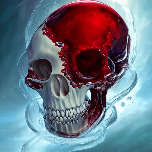 Image similar to turbulent transparent red liquid inside in a transparent skull, alayna lemmer