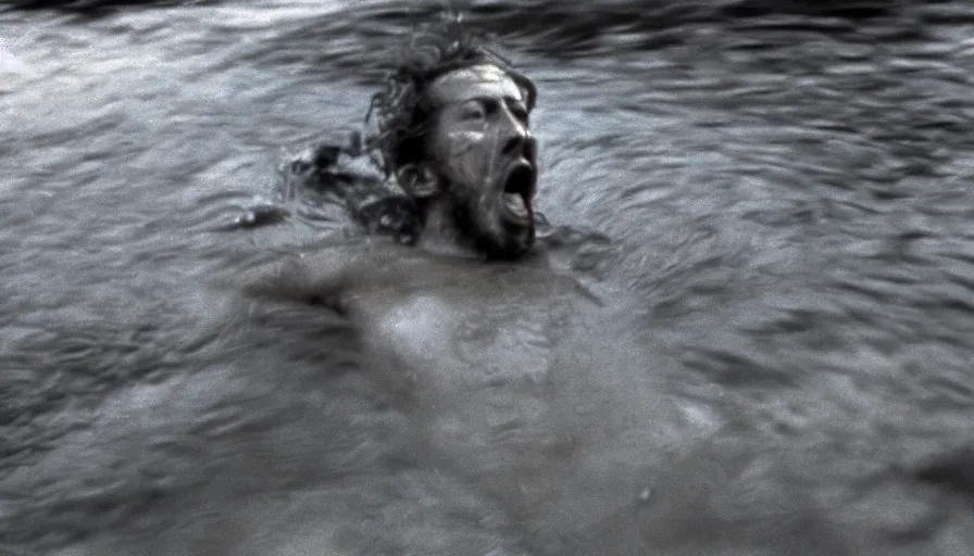 Image similar to 1 9 6 0 s movie still close up of skinny marcus aurelius screaming frozen to death in a river with gravel, pine forests, cinestill 8 0 0 t 3 5 mm b & w, high quality, heavy grain, high detail, texture, dramatic light, anamorphic, hyperrealistic, foggy