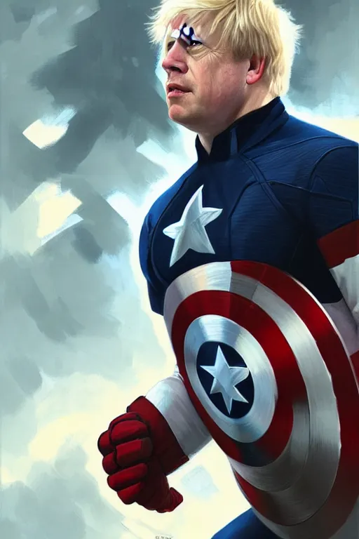Image similar to Boris Johnson as Captain America, realistic portrait, symmetrical, highly detailed, digital painting, artstation, concept art, smooth, sharp focus, illustration, cinematic lighting, art by artgerm and greg rutkowski and alphonse mucha