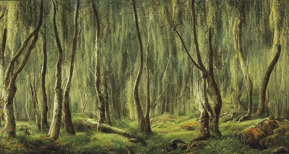 Image similar to looking up at on ancient willow forest, hemlocks, moss, stream, intricate, vivid colors, elegant, highly detailed, ivan shishkin, john park,