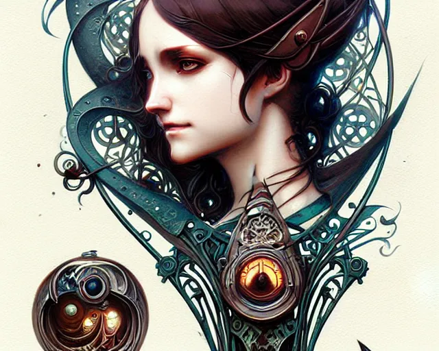 Image similar to A couple with mechanical eyes, art nouveau, fantasy, intricate steam pipe designs, elegant, highly detailed, sharp focus, art by Artgerm and Greg Rutkowski and WLOP