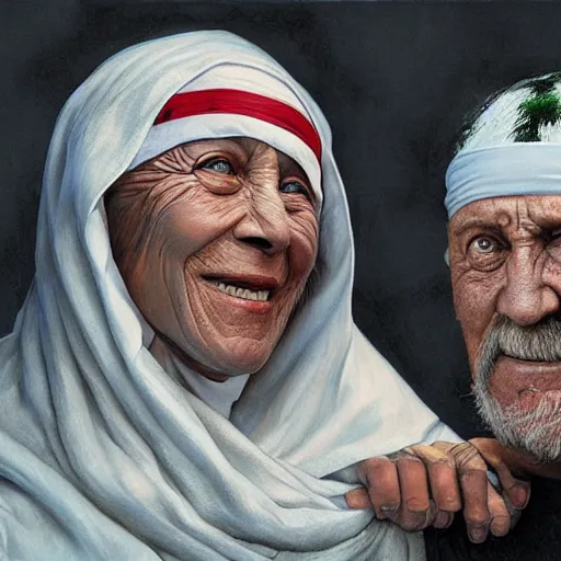 Prompt: a hyper realistic painting of mother theresa and hulk hogan, by greg rutkowski and santiago caruso,