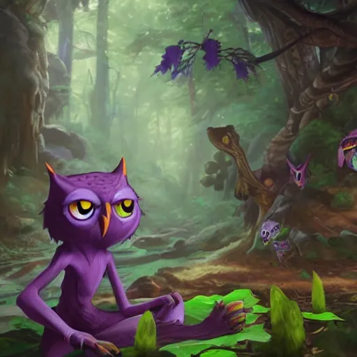 Image similar to concept art painting of an anthropomorphic purple creature with reptile and owl features, in the deep forest, realistic, detailed, cel shaded, in the style of makoto shinkai and greg rutkowski and james gurney