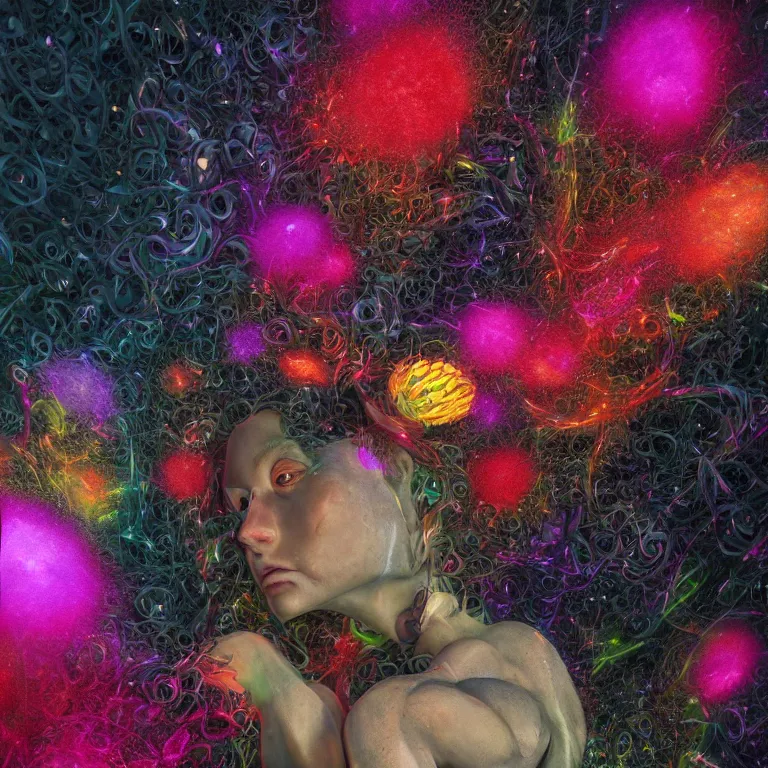 Image similar to octane render portrait by wayne barlow and carlo crivelli and glenn fabry, a giant field of colorful glowing alien flowers inside a dark and moody parking garage, cinema 4 d, ray traced lighting, very short depth of field, bokeh