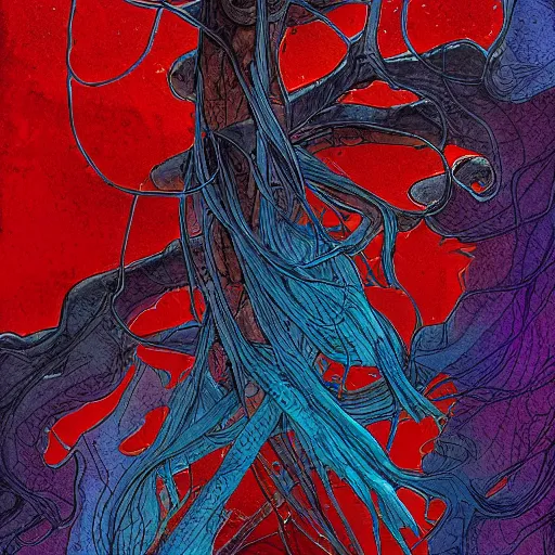 Prompt: the brittle. digital painting, vertical, intricate, beautiful, detailed, grunge, illustration, abstract art by milo manara, trending on artstation. blue, dark red and dark purple color scheme, gradient darker to bottom