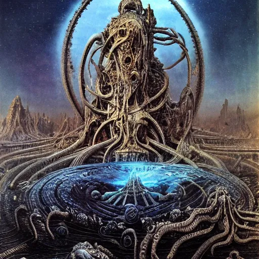 Prompt: an unknown ancient god, madness, hellish galaxies, unknowable horror, ancient occult, diagrams showing warnings, creatures, tentacles, crystals, insanely detailed, by bruce pennington, h. r. giger, unreal render