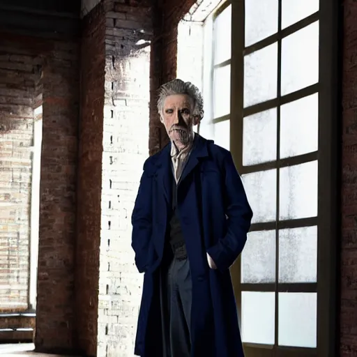 Image similar to tom holland as a rough dirty old man with a scruffy beard in a dark blue trenchcoat as the new doctor who, cinematic, volumetric lighting, f 8 aperture, cinematic eastman 5 3 8 4 film, photorealistic