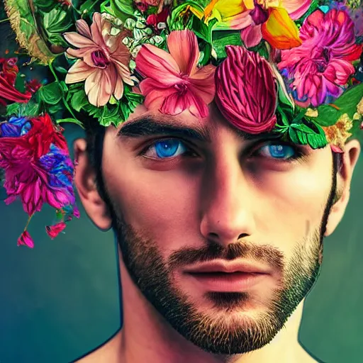 Prompt: gorgeous and handsome man with beautiful flowers growing from his head, opulent, hyper detailed, vivid and vibrant, deep and dense coloration, hyper realistic, digital art, symmetrical,