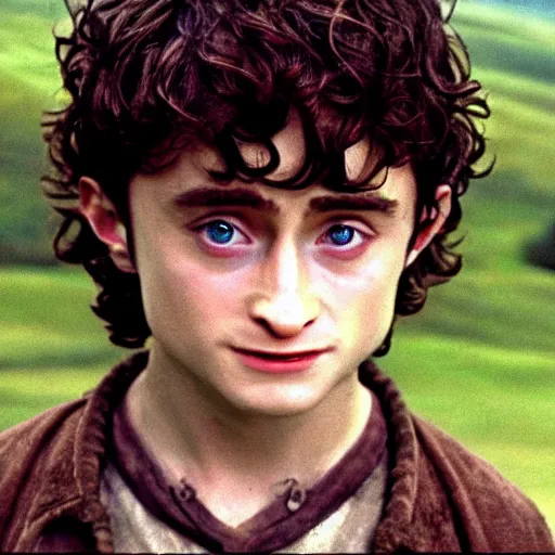 Prompt: Film still of a young Daniel Radcliffe as Frodo in Lord of the Rings: The Return of the King, wide shot, small eyes
