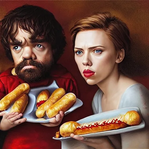 Image similar to portrait of peter dinklage sharing hotdogs with scarlett johansson, an oil painting by ross tran and thomas kincade w 7 6 8