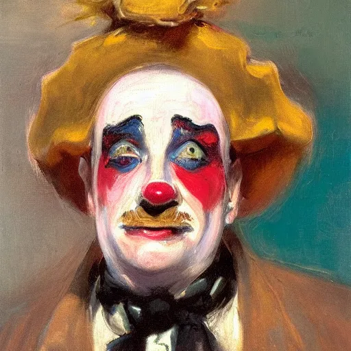 Prompt: detailing character concept portrait of clown by John Singer Sargent, on simple background, oil painting, middle close up composition