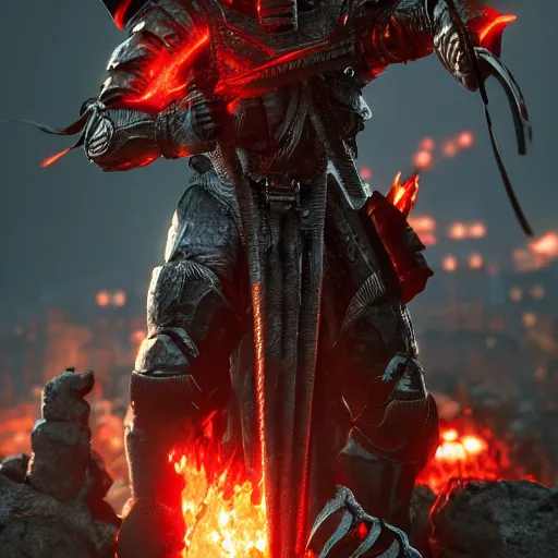 Image similar to hell knight with flaming weapons, highly detailed, 4k, HDR, award-winning, octane render, artstation