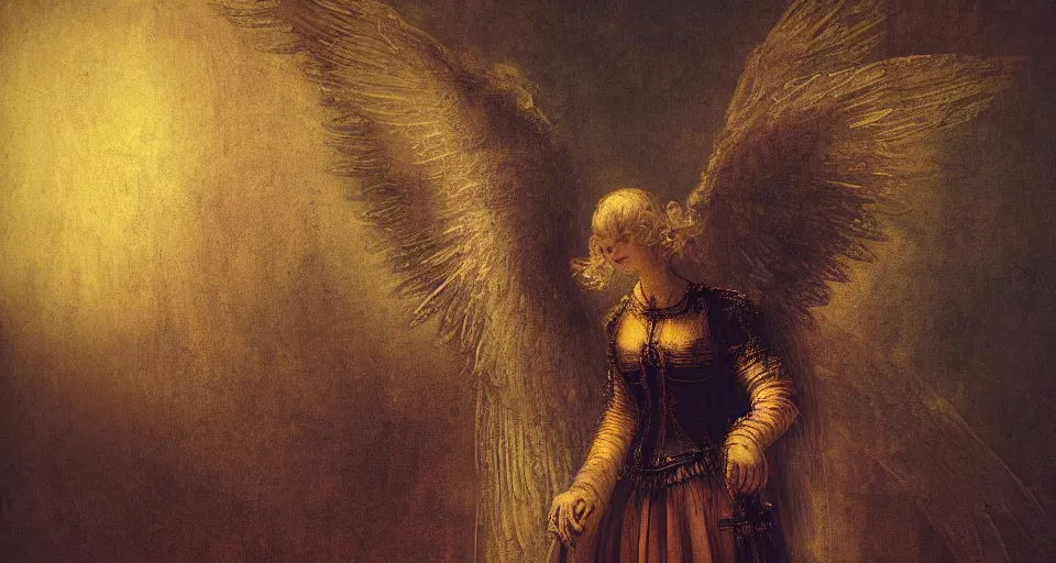 Prompt: Angel knight gothic girl on a neoclassical city. By (Rembrandt painting(100)(fractal flame)), highly detailded