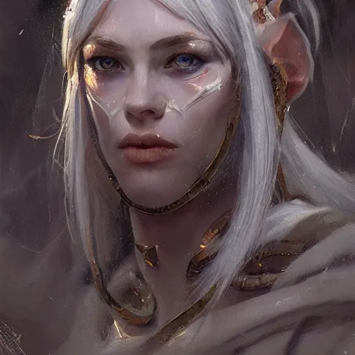 Prompt: A head-on, symmetrical detailed oil portrait of an elf woman with small horns of copper wearing a simple white robe, by greg rutkowski, trending on artstation, dungeon and dragons art