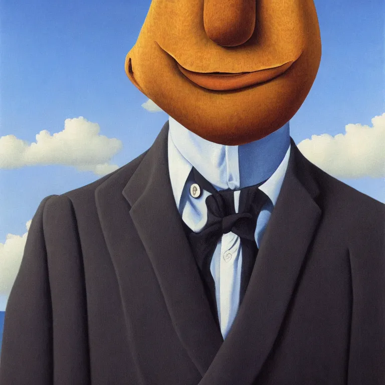 Image similar to portrait of a faceless fish - head man in a suit, clouds in the background, by rene magritte, detailed painting, distance, centered, hd, hq, high resolution, high detail, 4 k, 8 k