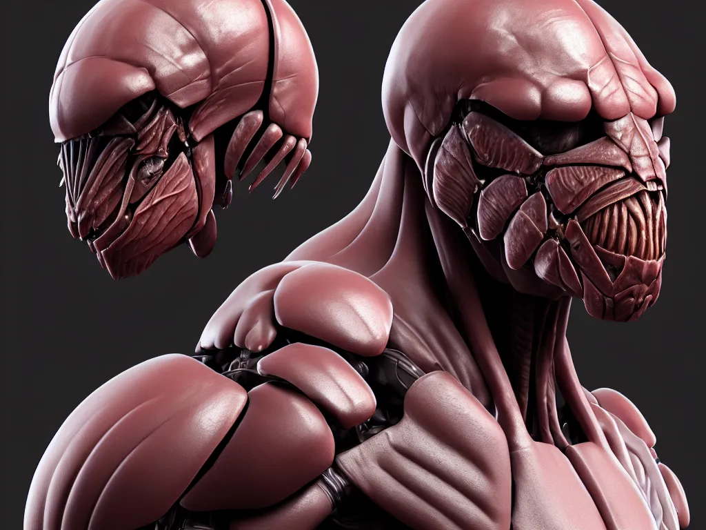 Image similar to game concept art, muscular, exoskeleton, chiroptera head, isopod, hyperrealism, fine detail, artstation, cgsociety, zbrush, no background