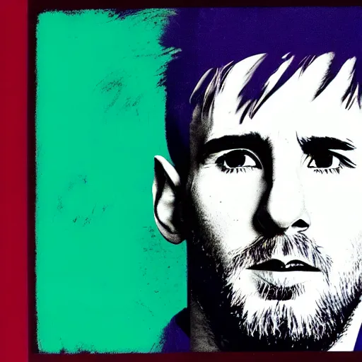 Image similar to a portrait of Lionel Messi, made by Andy Warhol, two tone, very high contrast, only black and white, simplistic, extremely high contrast, two tone, notan art, by Andy Warhol, minimalistic,