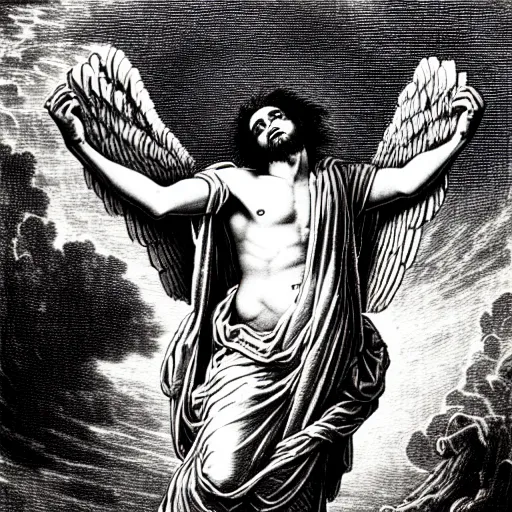 Image similar to lucki rapper ascending into heaven holding stacks of cash, biblical image, style of gustave dore, highly detailed, beautiful, high contrast, black and white