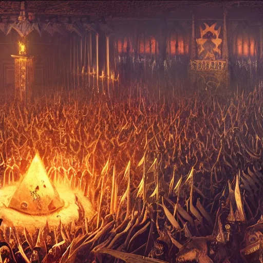 Image similar to satanists Minions in masonic lodge during a medieval battle, warcraft style, realistic 4k octane beautifully detailed render, 4k post-processing, highly detailed, intricate complexity, epic composition, magical atmosphere, cinematic lighting, masterpiece, ultra hd