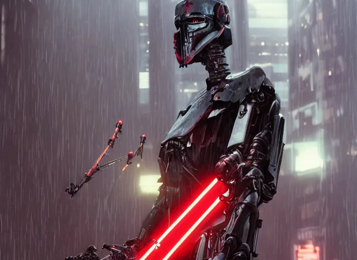 Image similar to 3 5 mm portrait photo of general grievous with heavy duty biomechanical cybernetic body with 4 arms holding 4 activated red lightsabers in the city in the rain. cyberpunk horror style.