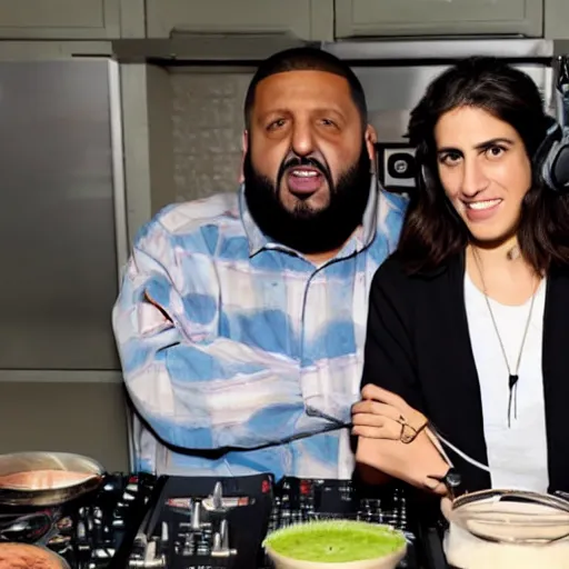 Prompt: hila klein from the h 3 podcast and dj khaled on an episode of hell's kitchen