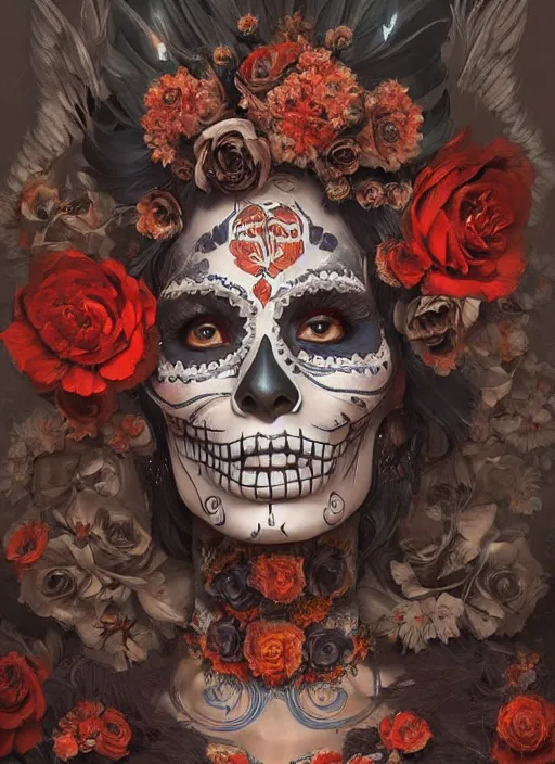 Image similar to digital _ painting _ of _ dia de los muertos _ by _ filipe _ pagliuso _ and _ justin _ gerard _ symmetric _ fantasy _ highly _ detailed _ realistic _ intricate _ port