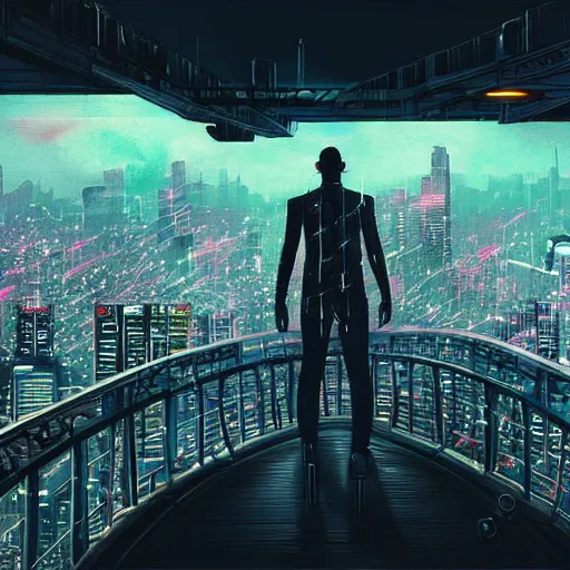 Image similar to a man standing on top of a bridge over a city, cyberpunk art by vincent lefevre, behance contest winner, altermodern, cityscape, synthwave, matte painting