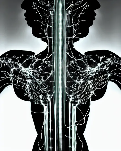 Image similar to black and white connected cyborg - plant goddess high quality photo, microchip, artificial intelligence, bio - mechanical bio - luminescence, black wired cables, neurons, nerve cells, cinematic, rim light, photo - realistic, elegant, high detail, 8 k, masterpiece, high fashion
