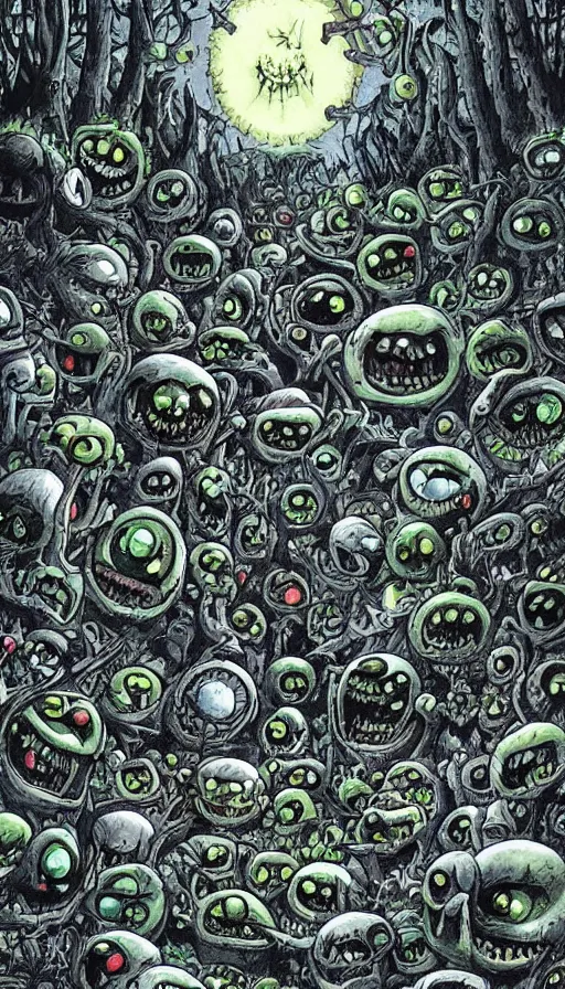 Image similar to a storm vortex made of many demonic eyes and teeth over a forest, by akira toriyama