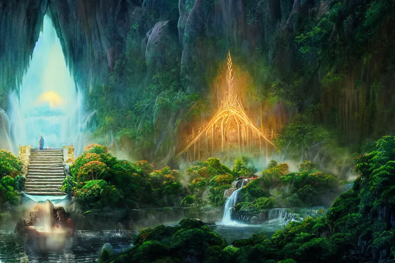 Image similar to still from the lord of the rings movie rivendell, 4 k digital paint by studio ghibli hayao miyazaki. vivid colours, vaporwave lighting style, very sharp and detailed. trending on artstation and behance.