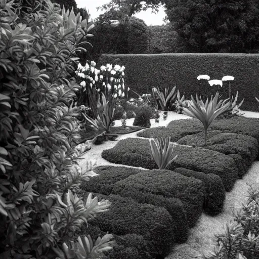 Prompt: a garden themed after david lynch, photography, black and white,