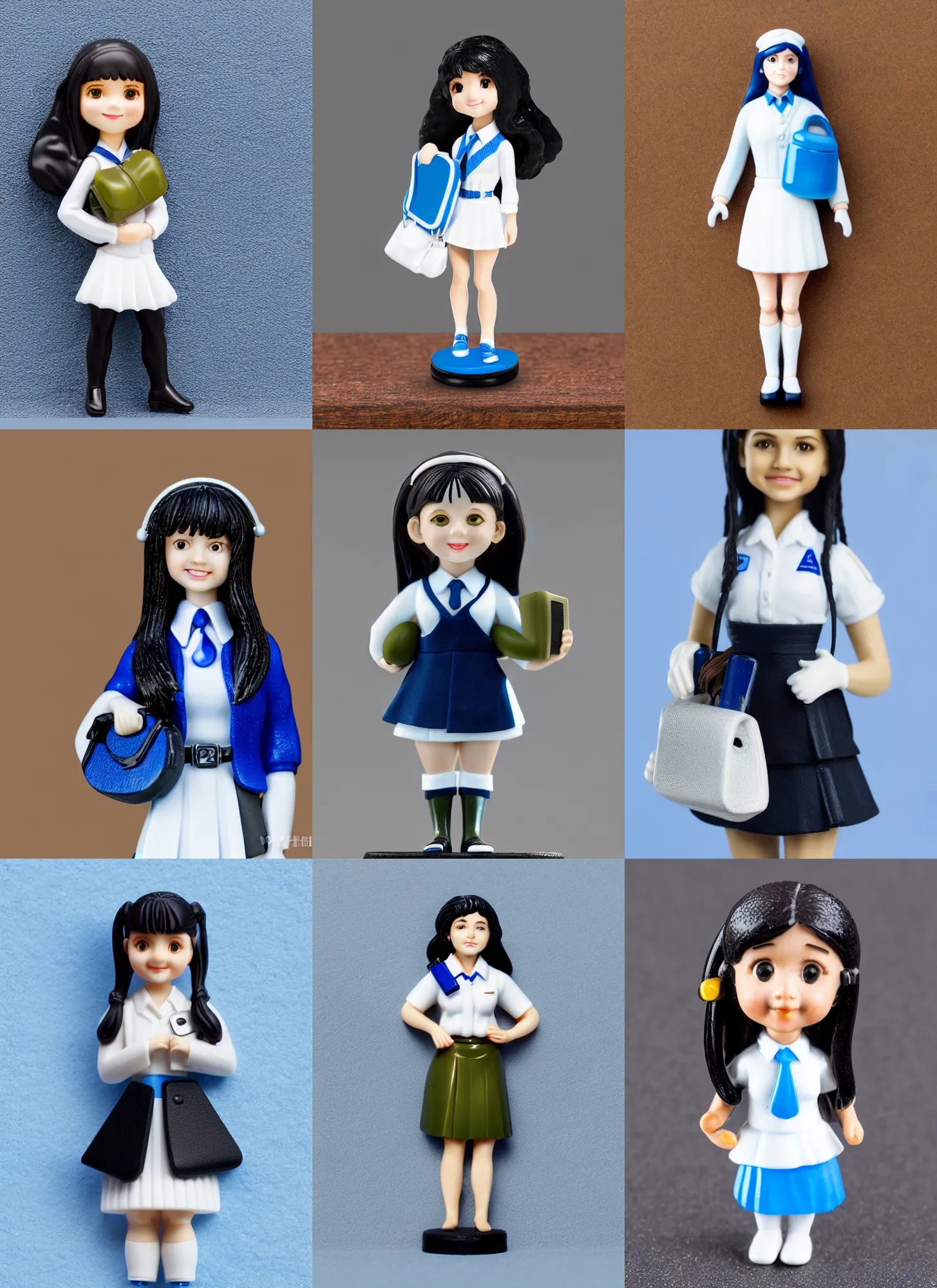 Prompt: 80mm resin detailed miniature of a school girl, olive skin, white and blue uniform, long black hair, bag, on textured disc base, Company logo in upper left corner; Miniature product Photo, 4K, Full body