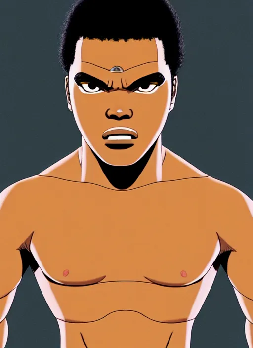 Image similar to portrait of muhammad ali as a naruto character, au naturel, hyper detailed, digital art, trending in artstation, cinematic lighting, studio quality, smooth render, unreal engine 5 rendered, octane rendered, art style by klimt and nixeu and ian sprigger and wlop and krenz cushart and masashi kishimoto and ghibli
