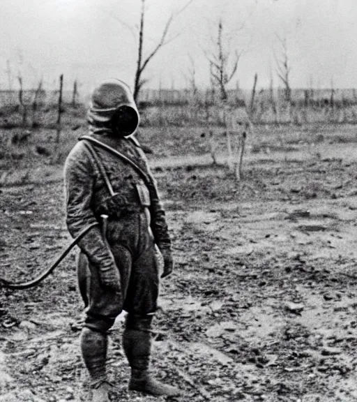 Image similar to man in chemical suit and gasmask at distance in chernobyl, ww1 film photo, grainy, high detail, high resolution