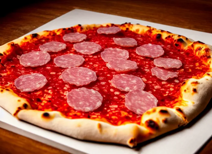 Image similar to clear highly detailed photorealistic food photograph of a big ice cube inside the cube a pizza with salami and pepperoni, the cube refracts the sunlight, volumetric