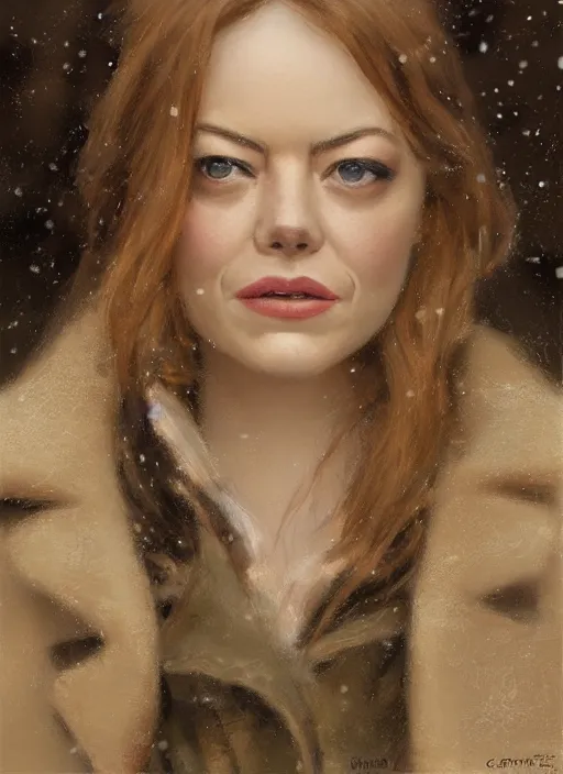 Image similar to emma stone in beige coat, close up portrait, winter new york, snow, artwork by gaston bussiere, craig mullins, trending on artstation