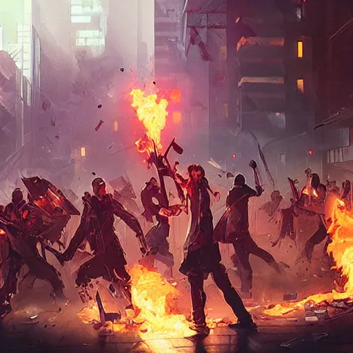 Prompt: angry rioters with placards, detailed digital illustration by greg rutkowski, fire, android netrunner