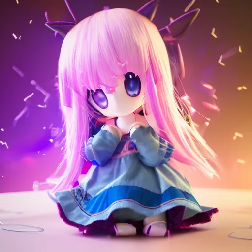 Prompt: cute fumo plush of a girl who controls the spirits, ghost swarm, particle sim, blue and pink lens flare, anime girl, vray