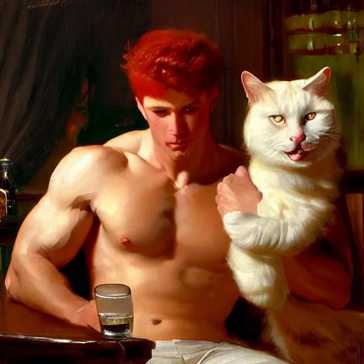 Image similar to attractive muscular male with red hair and muscular attractive white fluffy cat, drinking their hearts out, in a pub. very defined and highly detailed painting by j. c. leyendecker, gaston bussiere, craig mullins 8 k