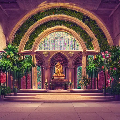 Prompt: cathedral interior with koi pond in the middle surrounded by palm trees, ivy, flowers, tropical plants, neon glow, gold lining, glossy gold statue, roses, and with archways. style leonardo + year 1 8 2 5, two men, rendered in octane render with photorealistic lighting