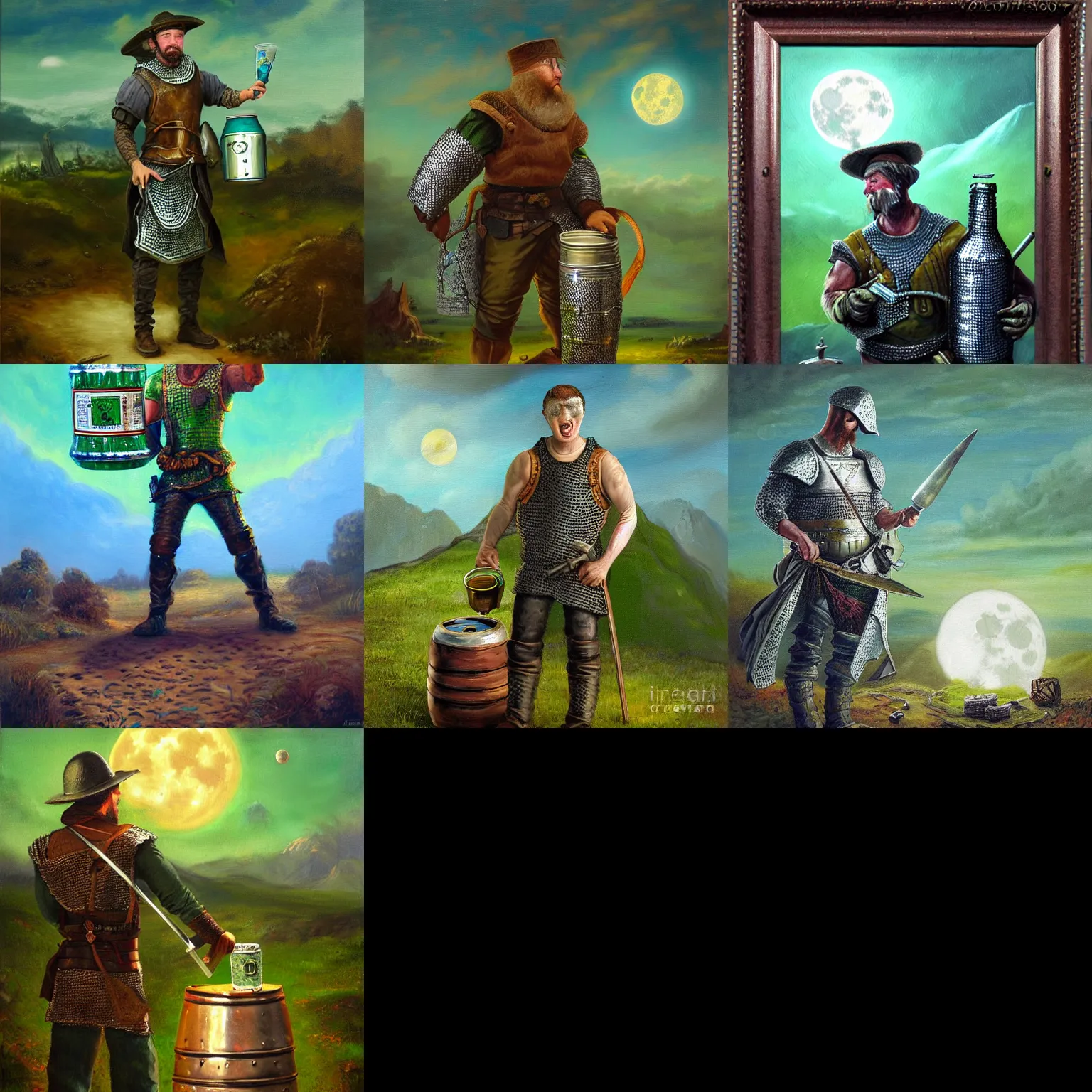 Prompt: man in chainmail holding a keg of gunpowder, oil painting, fantasy art,green sky, full moon