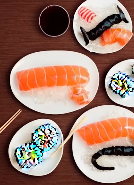 Image similar to clear photograph of cute cats eating sushi from sushi plates