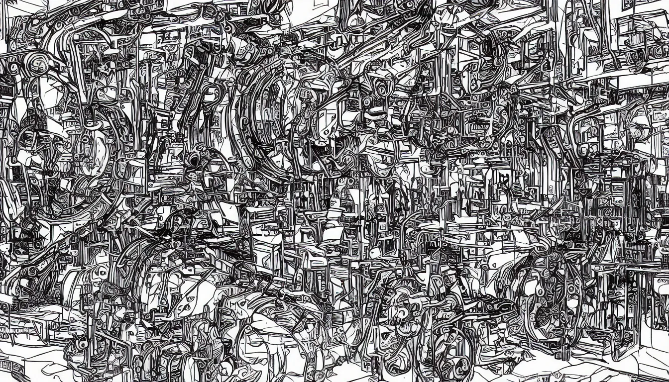 Prompt: The strange machine in the sprawling workshop. Black ink line drawing. Vivid colors. 4K.