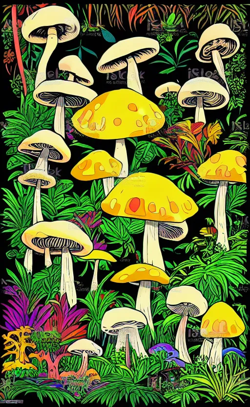 Prompt: psychedelic mushrooms wide angle shot, enchanted jungle, white background, vector art, illustration by frank frazetta